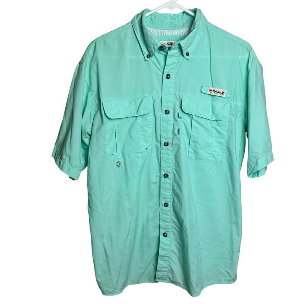 Magellan Fish Gear Laguna Madre Relaxed Fit Button Down Shirt Aqua Sz S